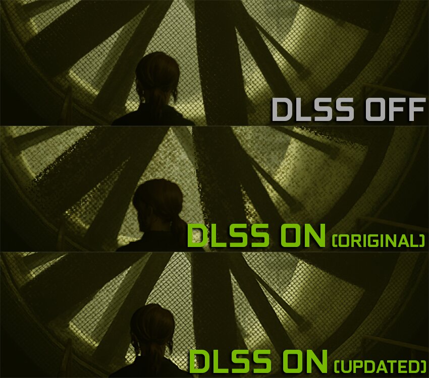 Three panels comparing the image quality of a game scene with 'DLSS OFF,' 'DLSS ON (ORIGINAL),' and 'DLSS ON (UPDATED),' showing a clearer image progression with DLSS updates.