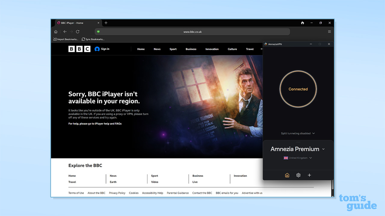 Στιγμιότυπο οθόνης του AmneziaVPN που αποτυγχάνει να ξεμπλοκάρει το BBC iPlayer