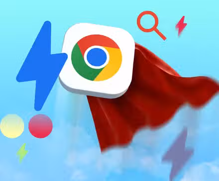 Το λογότυπο του Google Chrome φοράει μια κόκκινη κάπα υπερήρωα, που πετάει σε έναν γαλάζιο ουρανό με κεραυνούς.