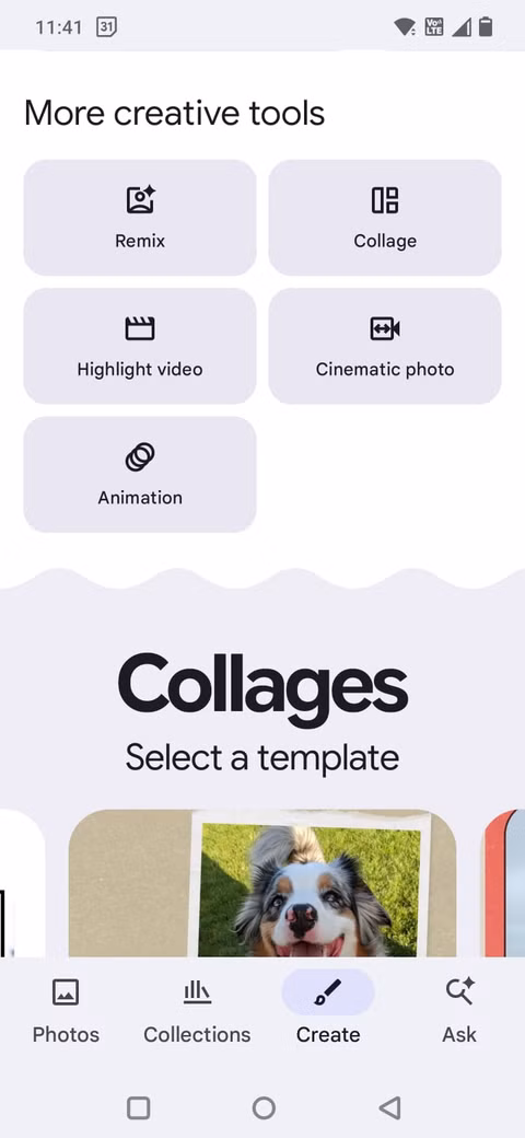 Στιγμιότυπο οθόνης που δείχνει την ενότητα εργαλείων δημιουργίας στις Φωτογραφίες Google