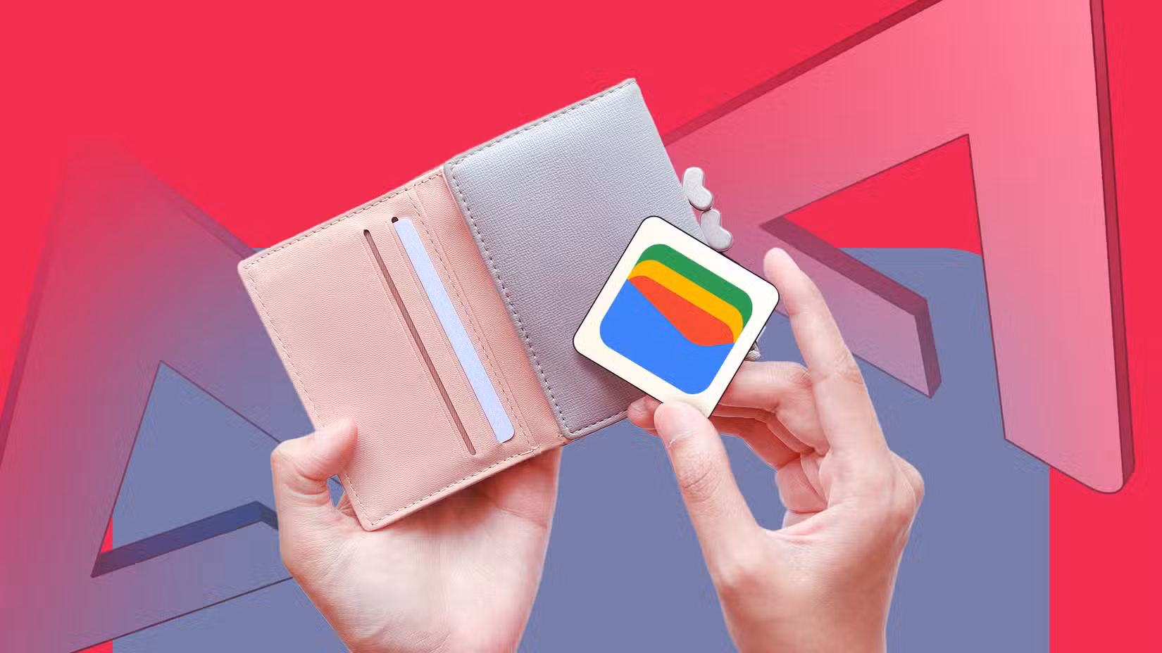 Το ένα χέρι κρατά ένα ανοιχτό πορτοφόλι ενώ το άλλο χέρι κρατά το λογότυπο του Πορτοφολιού Google