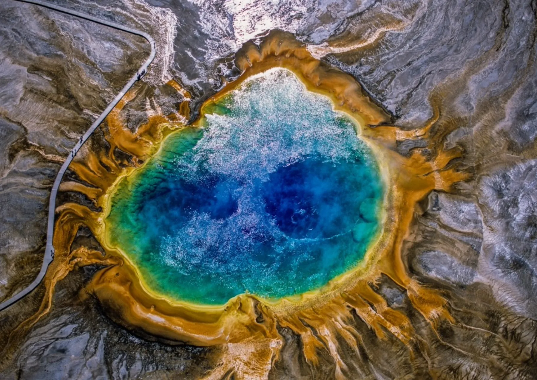 μια θερμή πηγή σε yellowstone με πορτοκαλί, κίτρινο, πράσινο και μπλε νερό