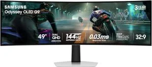 Η οθόνη παιχνιδιών Samsung Odyssey OLED G9 (G91SD) 49 ιντσών σε λευκό φόντο