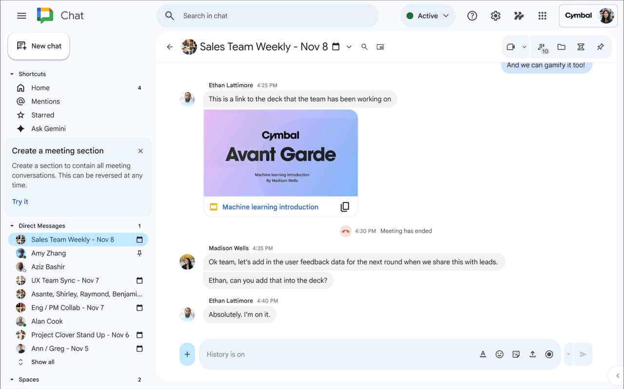 Ένα gif που επισημαίνει τη νέα ενότητα στο Google Chat.