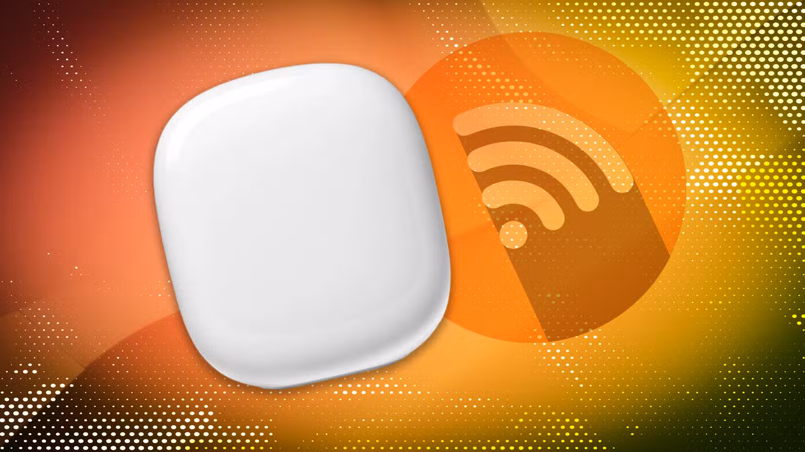 Απεικόνιση φωτογραφίας ενός δρομολογητή Google Nest και εικονιδίου Wi-Fi σε πορτοκαλί φόντο