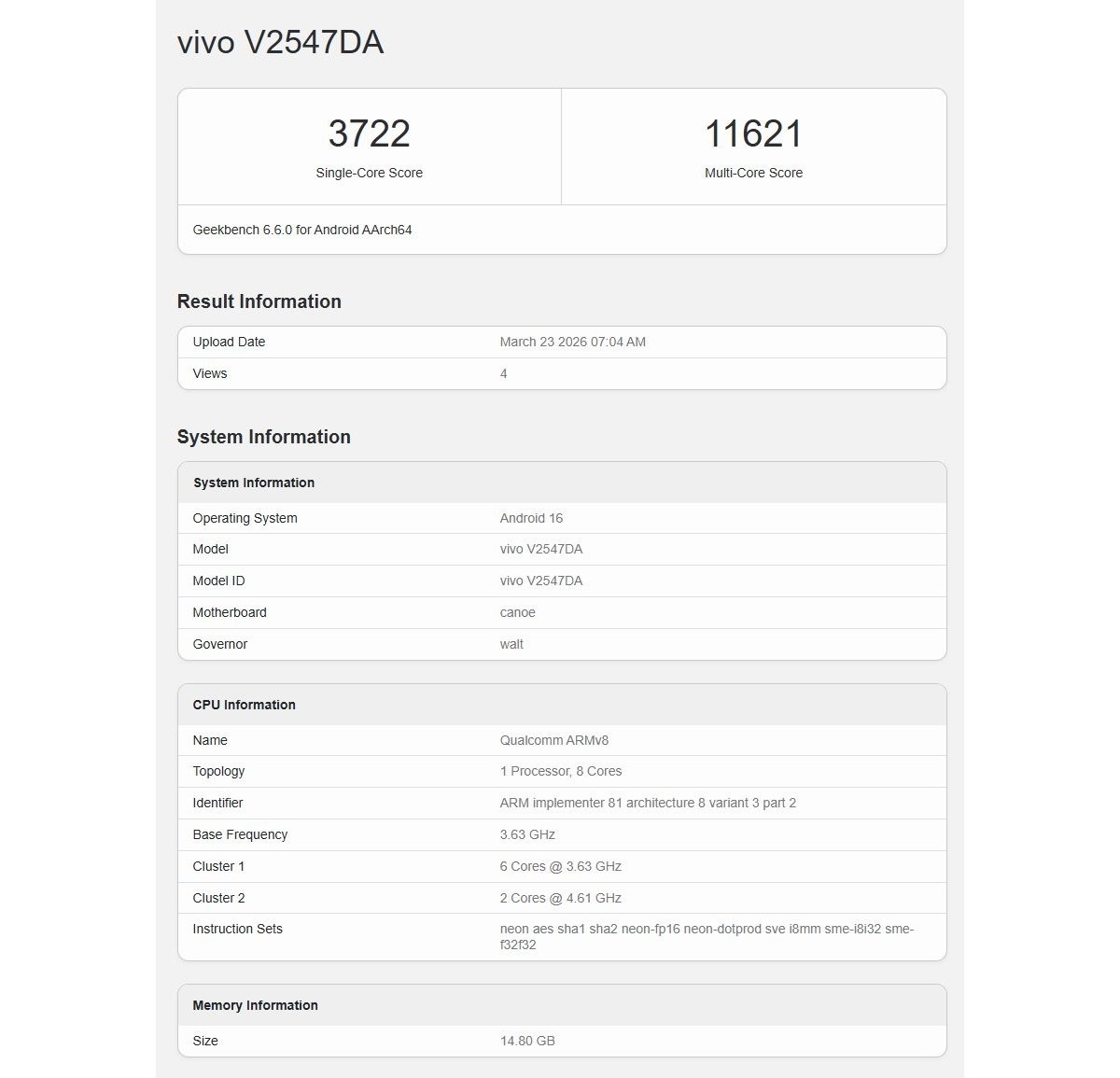 Καταχώρηση Vivo X300 Ultra Geekbench 