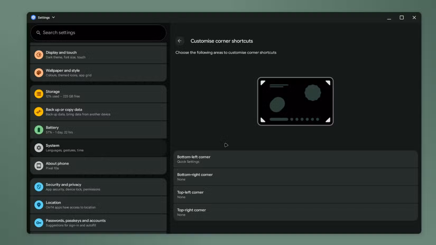 Οθόνη προσαρμογής γωνιακών συντομεύσεων για χειρονομίες πλοήγησης σε λειτουργία επιφάνειας εργασίας