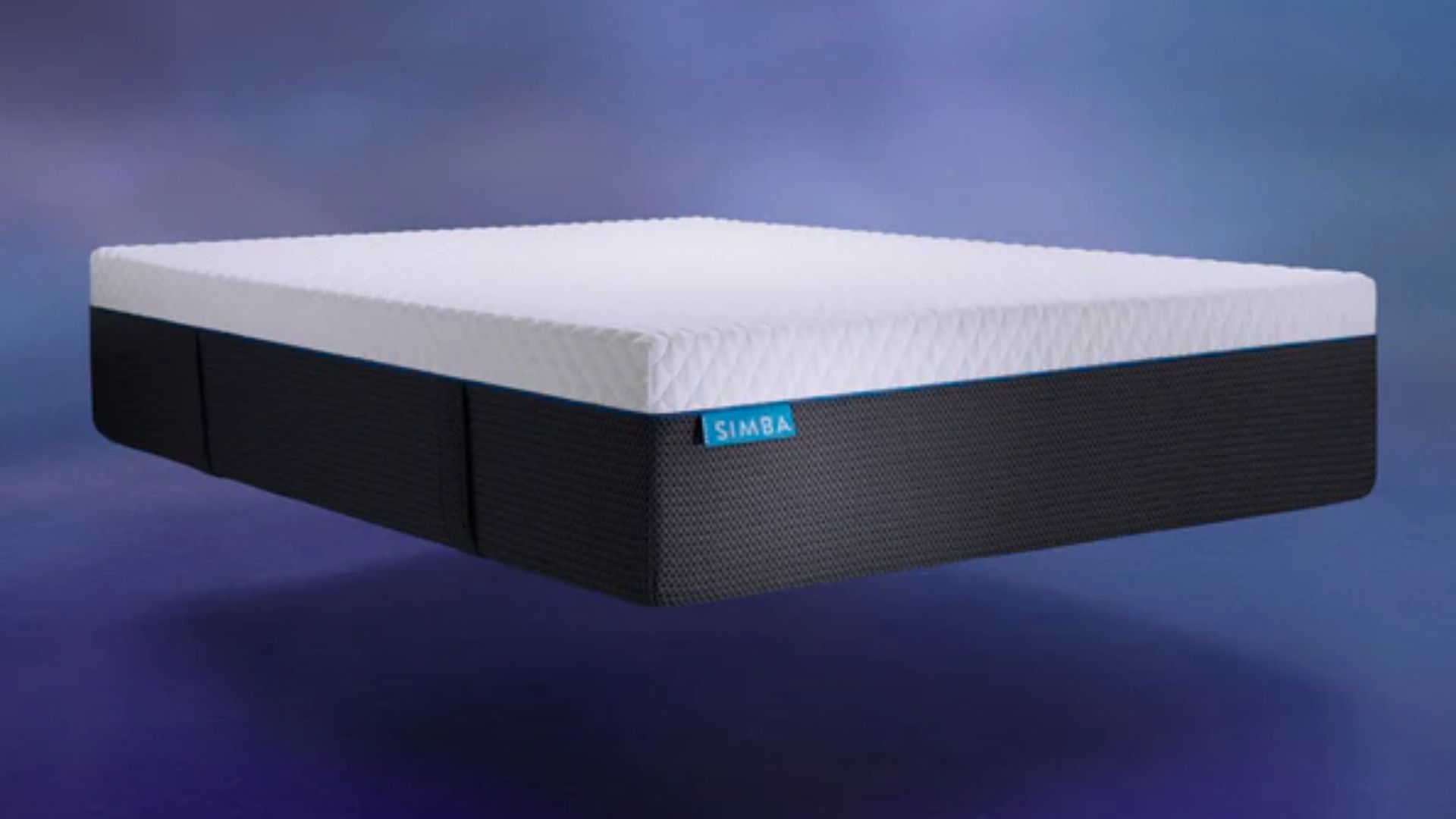 The image shows a white mattress with dark blue sides and a light blue label that reads 'Simba'. The mattress is floating against a blue and purple background