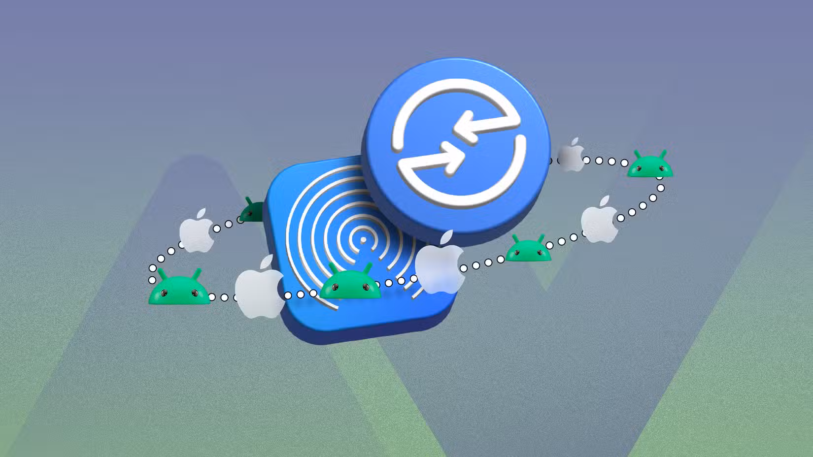 Απεικόνιση εικονιδίων Apple και Android που συνδέονται σε μια διακεκομμένη διαδρομή που περιβάλλει τα λογότυπα AirDrop και Quick Share