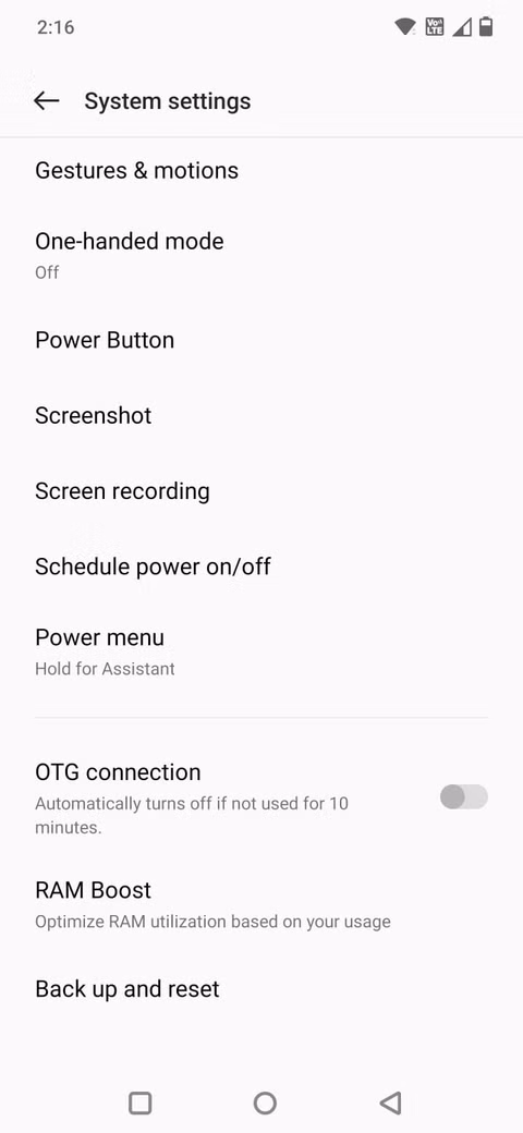 Στιγμιότυπο οθόνης που δείχνει την επιλογή RAM Boost στις Ρυθμίσεις