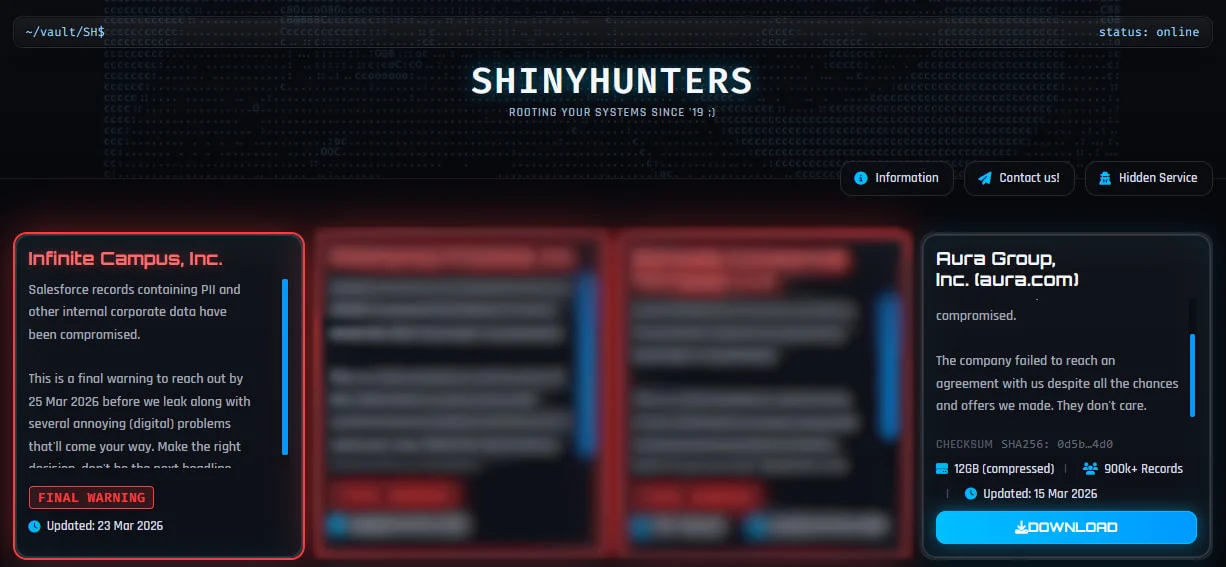 Το ShinyHunters παραθέτει το Infinite Campus στον σκοτεινό ιστότοπό του