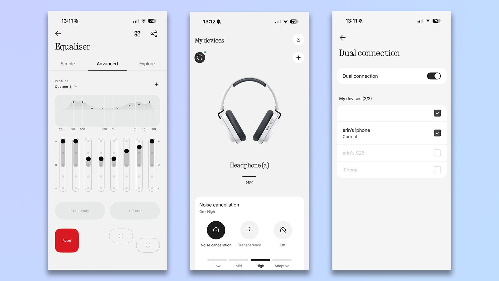 three screenshots from the nothing x app showing headphone (a) customization options