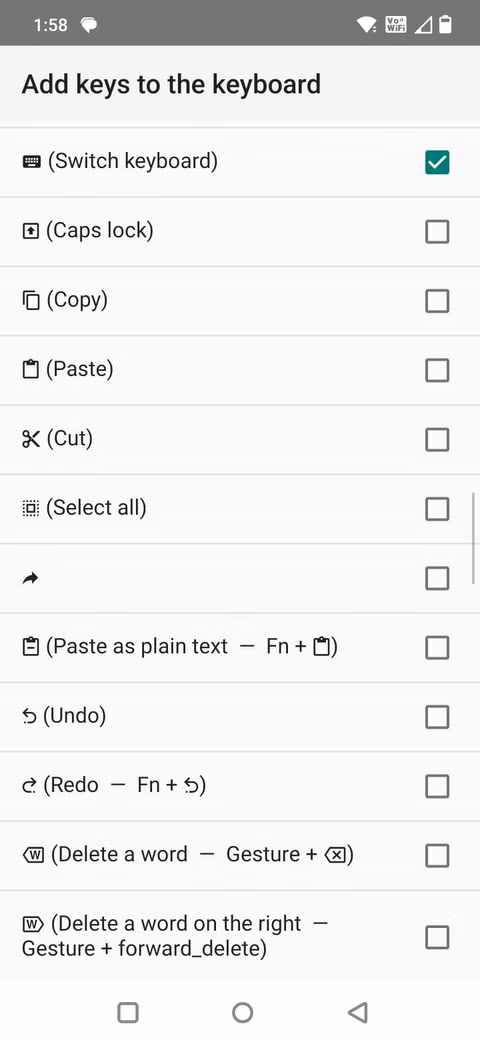 Στιγμιότυπο οθόνης που δείχνει τα προσαρμοσμένα πλήκτρα Μη αναμενόμενου πληκτρολογίου