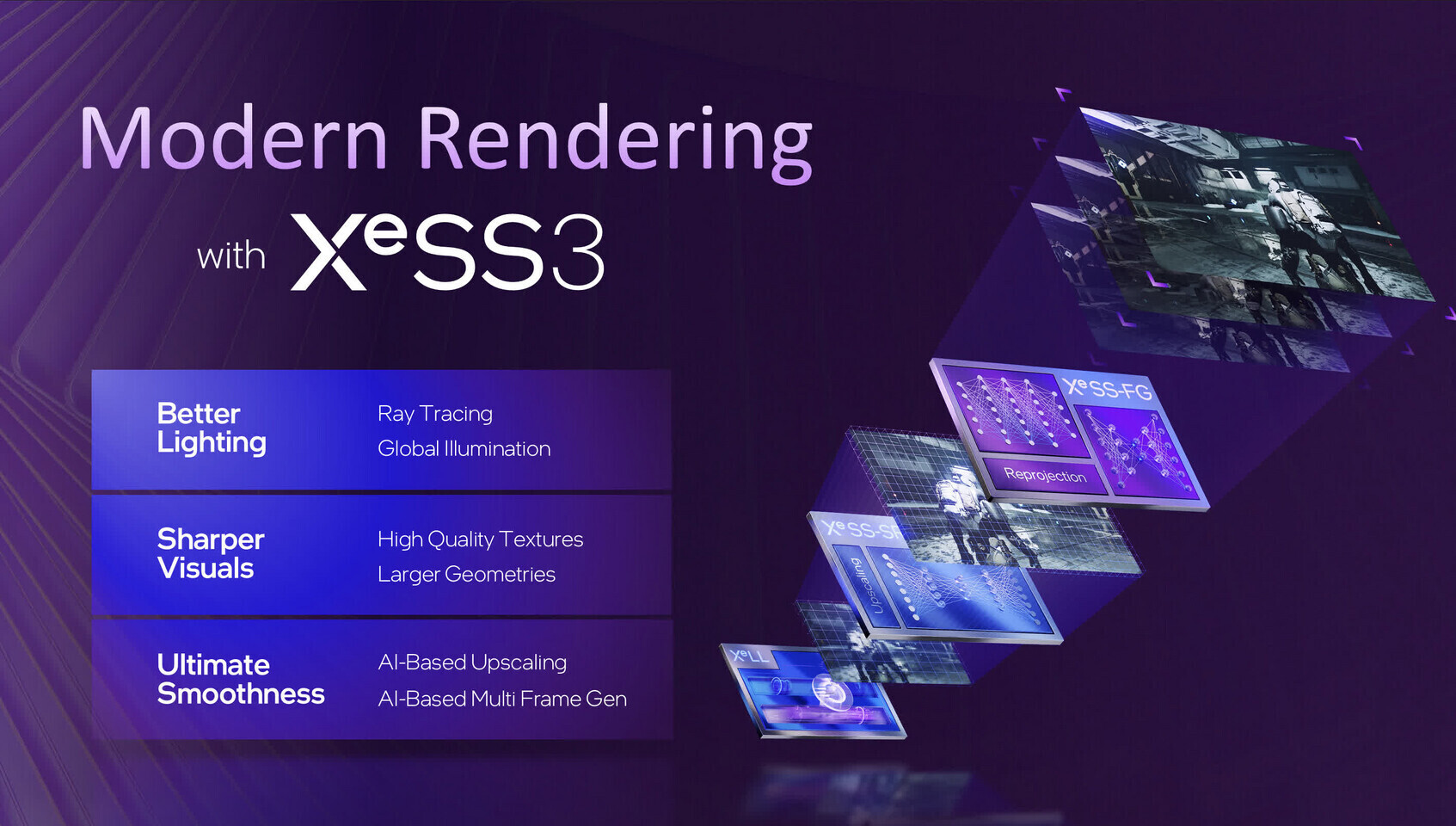 A digital presentation slide titled 'Modern Rendering with XeSS 3' highlights features such as ray tracing, global illumination, AI-based upscaling, and multi-frame generation with diagrams and visuals demonstrating the technology.