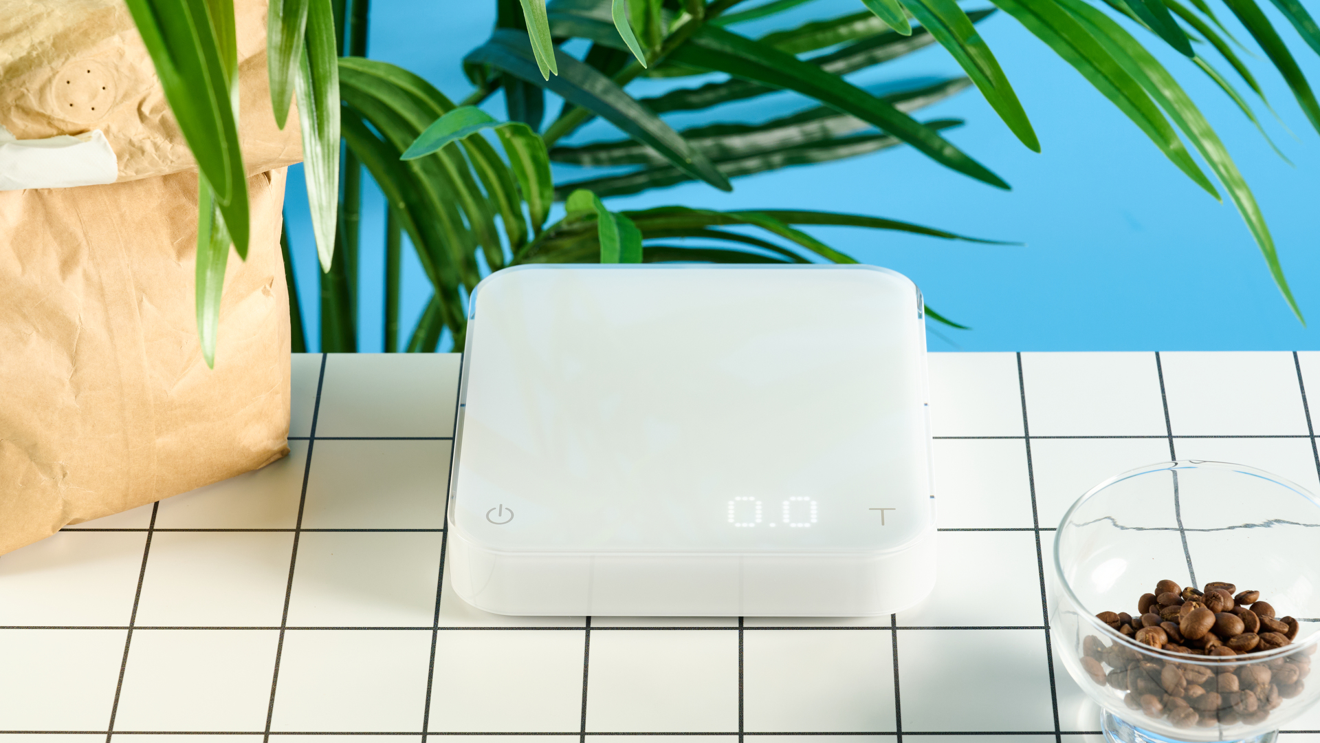 η ζυγαριά καφέ acaia pearl s με οθόνη LED, on/off, κουμπί απόβαρου με αντιολισθητικά πόδια και ένα premium λευκό εξωτερικό πλαστικό περίβλημα φωτογραφισμένο στο μπλε φόντο του οδηγού του Tom