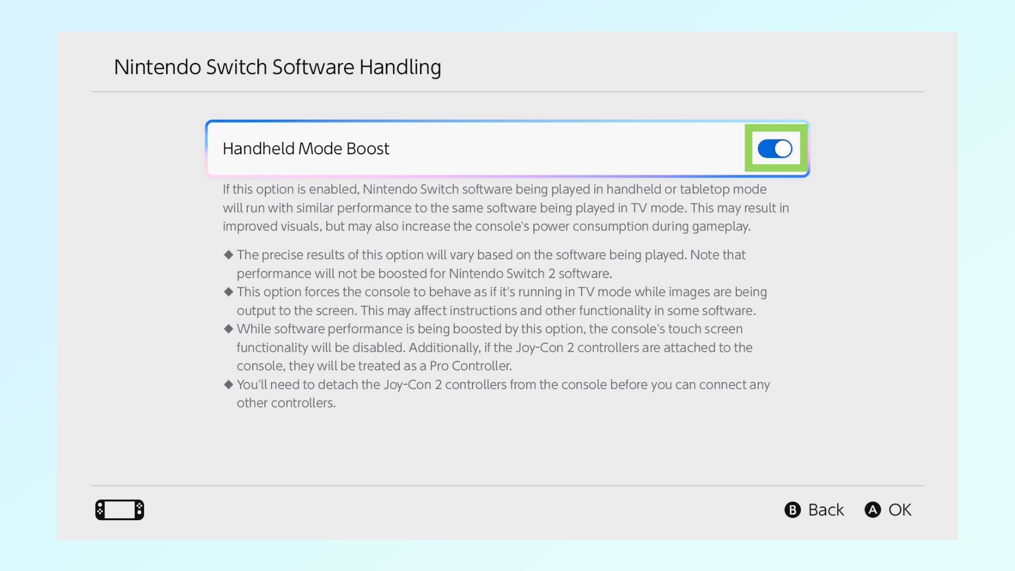 Εικόνα που δείχνει πώς να ενεργοποιήσετε τη λειτουργία Boost Handheld στο Nintendo Switch 2